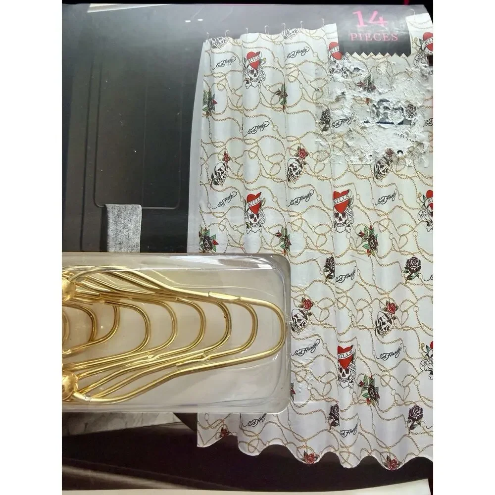 Ed Hardy Bathroom Shower Curtain Set Black Skull & Heart Tattoo Print Artwork
